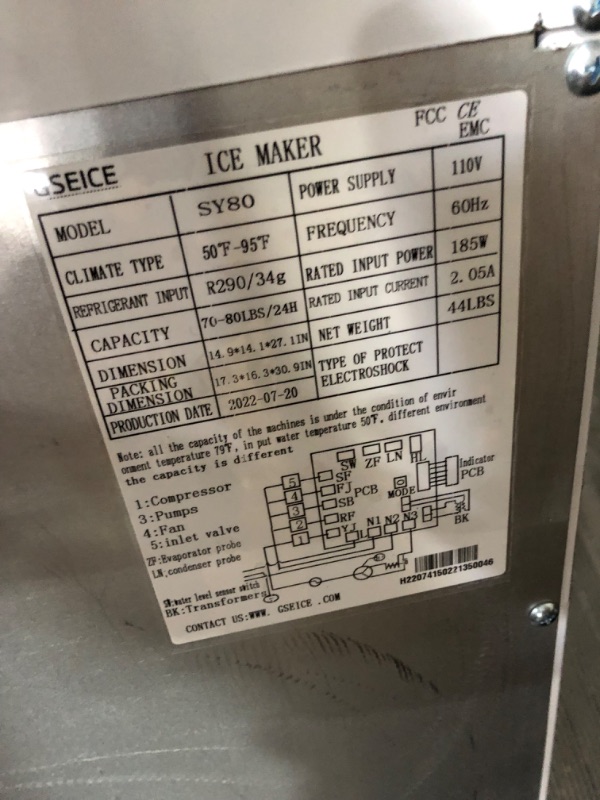 Photo 4 of **SEE NOTS/NONREFUNDABLE FOR PARTS**
GSEICE Commercial Ice Maker Machine - 90lbs Ready in 24Hrs - Under Counter Stainless Steel Ice Machine - Self Cleaning