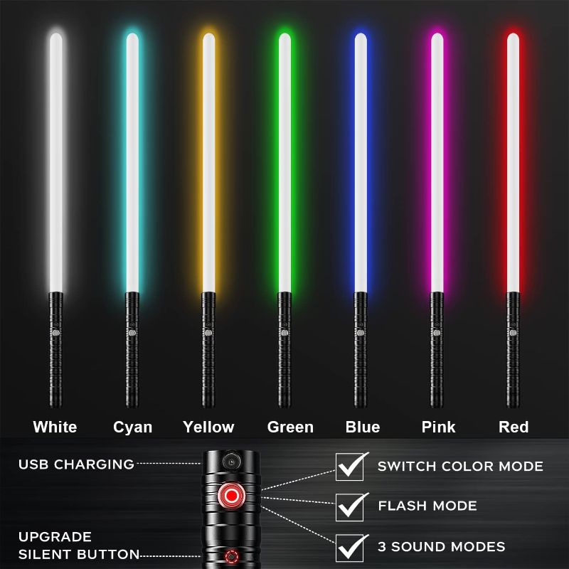 Photo 4 of  2 Pack Metal Hilt Light Sabers RGB 7 Colors Changeable with 3 Modes 2 in 1 Dueling Lightsabers Rechargeable Light Sabers for Adults Kids Halloween Cosplay (Black)