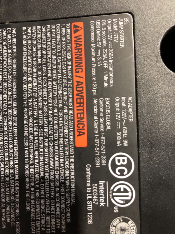 Photo 3 of ***MISSING POWER CORD*** Vector J7cv 800 Peak Amp Portable Car Jump Starter 120 PSI Compressor