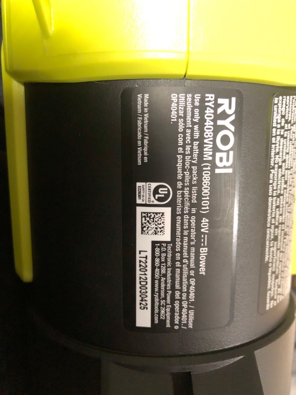 Photo 4 of (PARTS ONLY/ NO REFUNDS) RYOBI 40V 110 MPH 525 CFM Cordless Battery Variable-Speed Jet Fan Leaf Blower (Tool-Only)