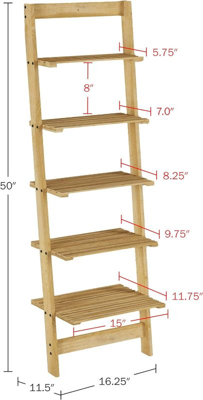 Photo 3 of (READ NOTES) 5-Tier Ladder Shelf - Wooden Narrow Leaning Book Shelf for Bedroom, Living Room, or Kitchen Shelving - Boho Home Decor by Lavish Home (Oak) Pickled Oak 1