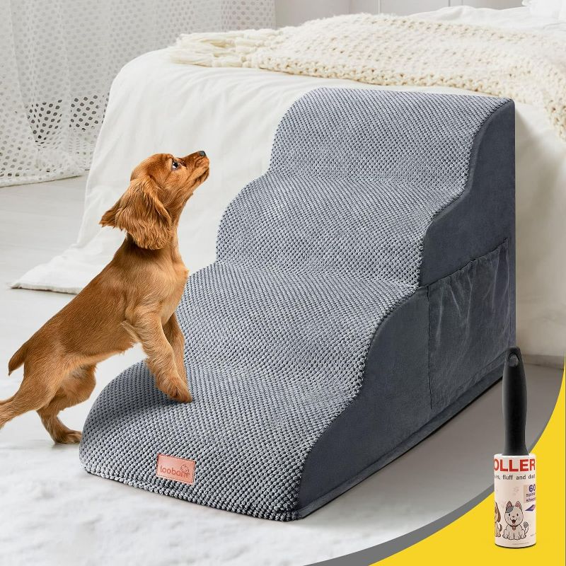 Photo 1 of *****STOCK IMAGE FOR SAMPLE*****
Dog Stairs for Small Dogs, 4 Tiers Pet Steps with Middle-Density Foam and Removable Cover to Get on High Beds Couch, Non-Slip Doggy Steps for Cat, 16×30×20inches,Grey