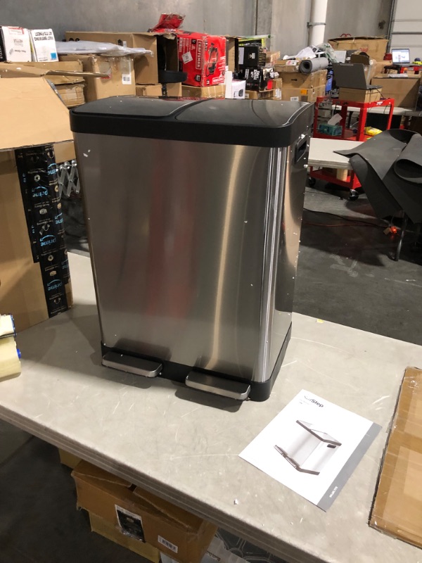 Photo 4 of ***MAJOR DAMAGE - HUGE DENTS - SEE PICTURES - NO PACKAGING***
iTouchless 16 Gallon Dual Step Trash Can & Recycle, Stainless Steel 2 x 8 Gallon (60L) Removable Buckets