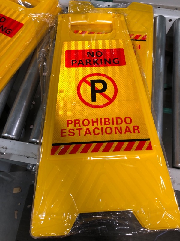 Photo 2 of  No Parking Sign 2 Sided Portable Handle Self Standing Floor Bilingual Warning Sign for Outdoor 
