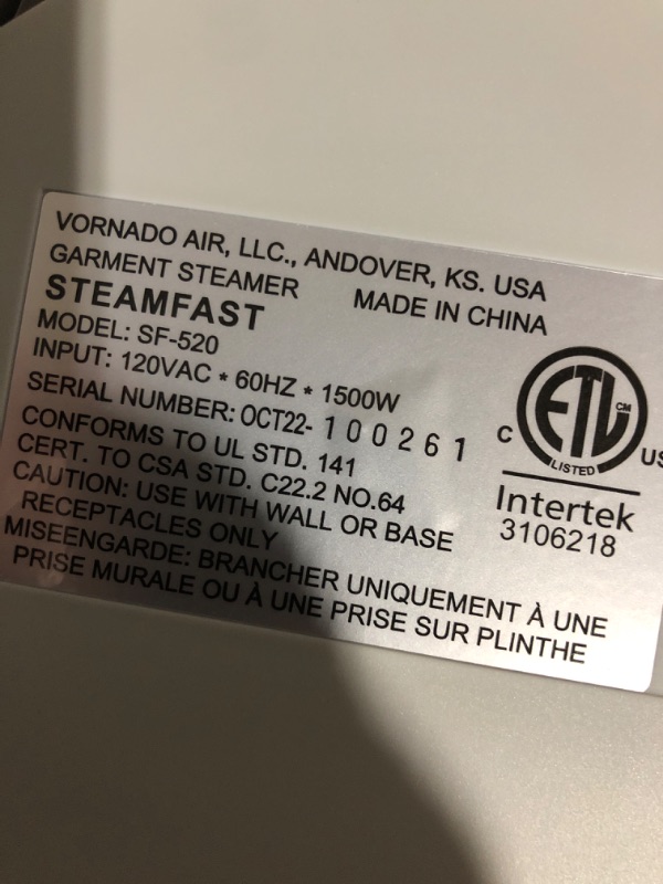 Photo 6 of * important * see clerk notes * 
Steamfast SF-520 Full Size Fabric Steamer with Insulated Hose, Clothes Hanger, and Fabric Brush , White