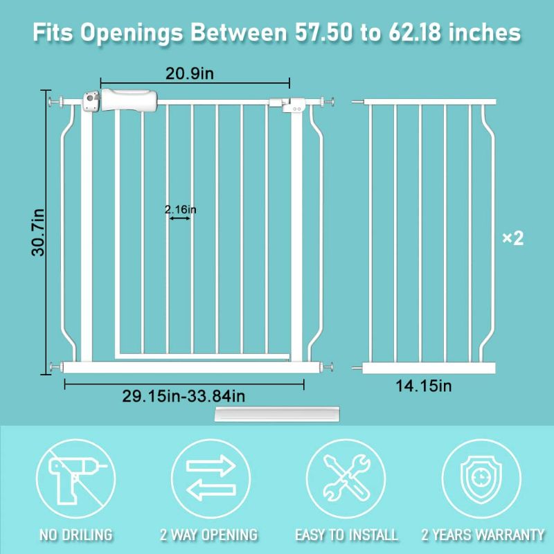 Photo 3 of (READ NOTES) WAOWAO Extra Wide Baby Gate 57.48"-62.20" Easy Walk Thru Pressure Mount Auto Close White Metal Child Dog Pet Safety Stairs,Doorways,Kitchen
