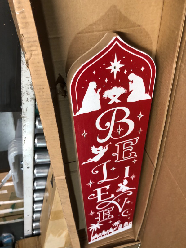 Photo 2 of * hinge is damaged * 
31 Inch Christmas Nativity Believe Christian Vertical Porch Sign with LED Lights Welcome Front Door Rustic Sign