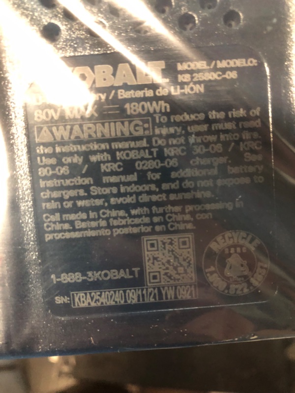 Photo 1 of Kobalt 80-volt 2.5-Amp Hours Rechargeable Lithium Ion Cordless Power Equipment Battery KB 2580-06