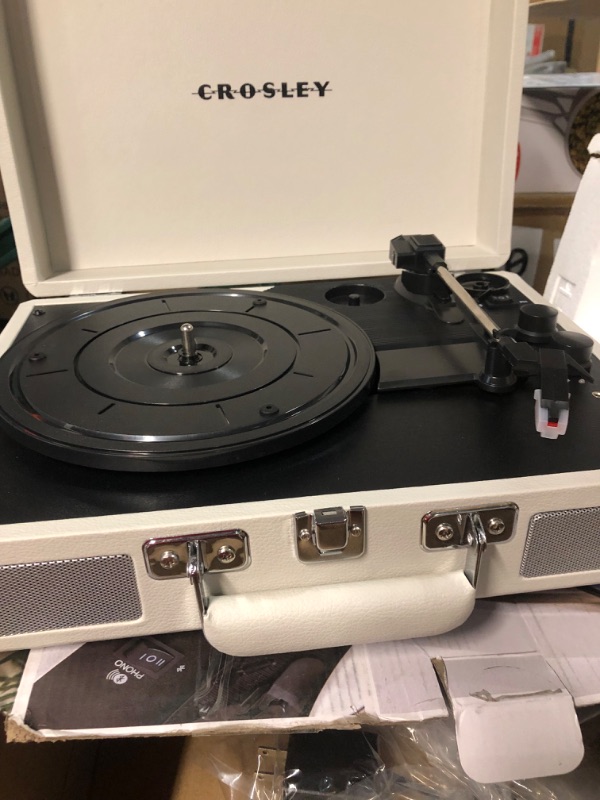 Photo 2 of Crosley CR8005F-WS Cruiser Plus Vintage 3-Speed Bluetooth in/Out Suitcase Vinyl Record Player Turntable, White Sand Bluetooth In/Out White Sand