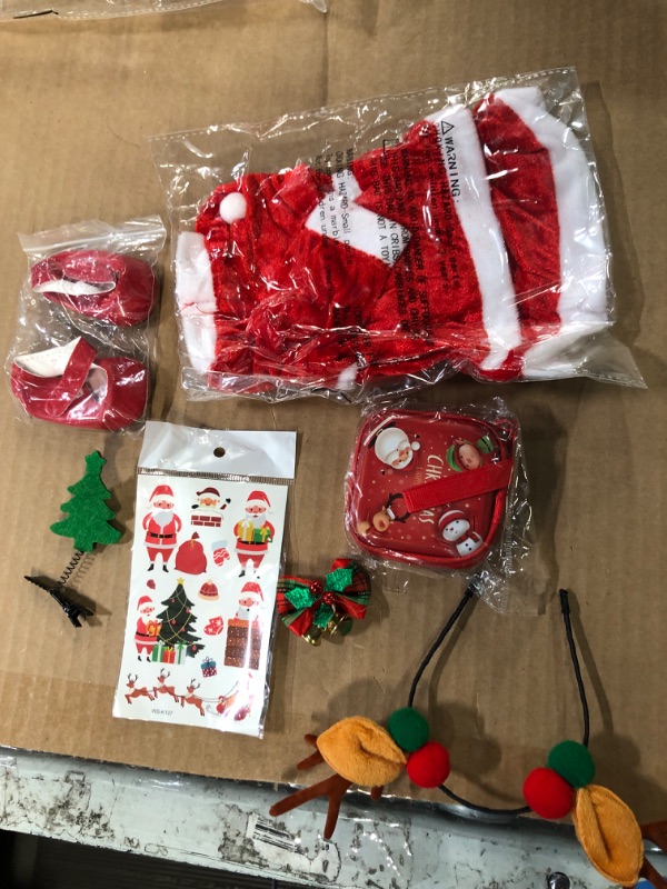 Photo 2 of 18 Inch Girl Doll Christmas Clothes and Accessories Including Christmas Dress Hat Sticker Carrier Bag Antlers headdress Shoes Bell Hairpin (Not Include Doll)