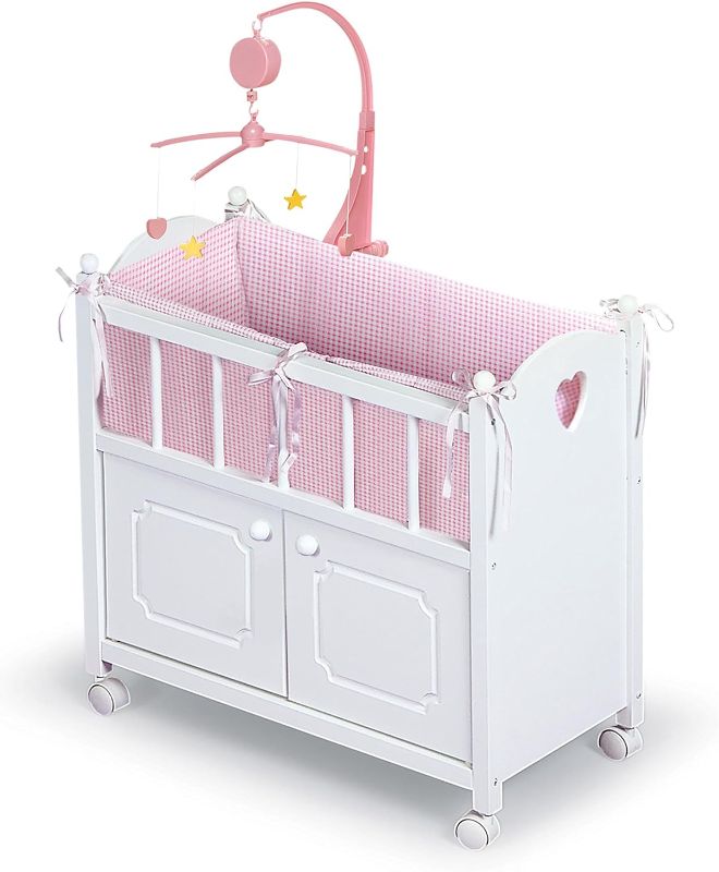 Photo 1 of Badger Basket Toy Doll Bed with Storage Cabinet, Gingham Bedding, and Personalization Kit for 22 inch Dolls - White/Pink 