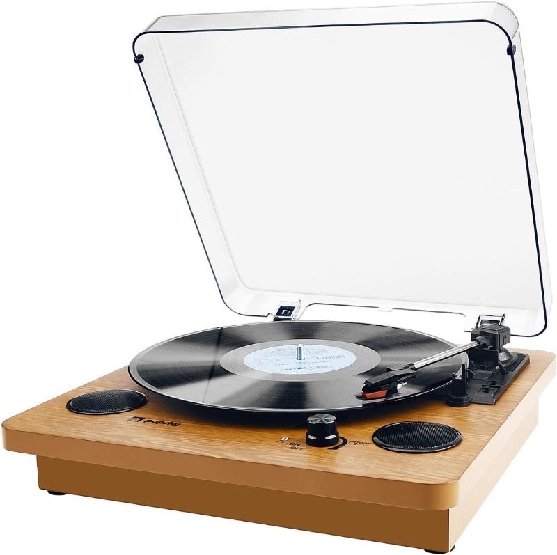 Photo 1 of Record Player, Popsky 3-Speed Turntable Bluetooth Vinyl Record Player with Speaker, Portable LP Vinyl Player, Vinyl-to-MP3 Recording, 3.5mm AUX & RCA & Headphone Jack