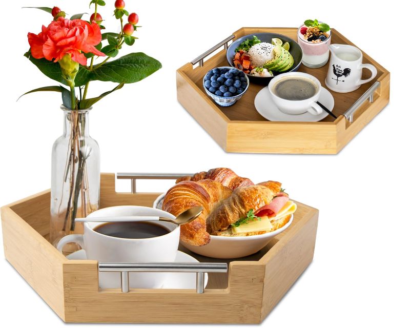 Photo 1 of Comfify Honeycomb Serving Trays with Handles – Set of 2 Bamboo Hexagon Nesting Trays 