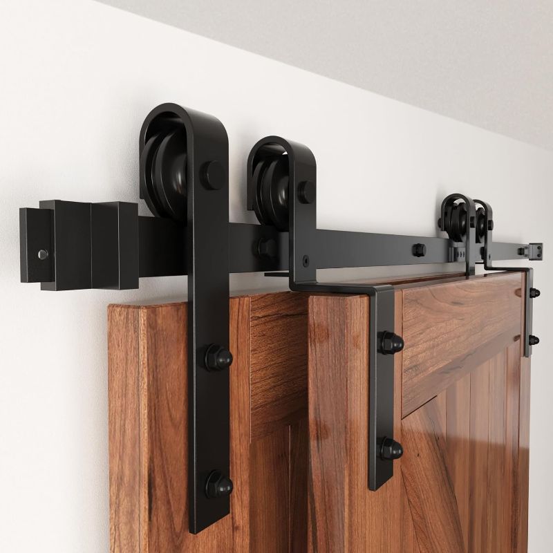 Photo 1 of *MISSING PIECES. WINSOON 6.6FT Single Track Bypass Barn Door Hardware Double Doors Kit, Heavy Duty Sliding One Track Antique Roller for Cabinet Closet Fit Double 39" Wide Doors 6.6FT J shape hanger