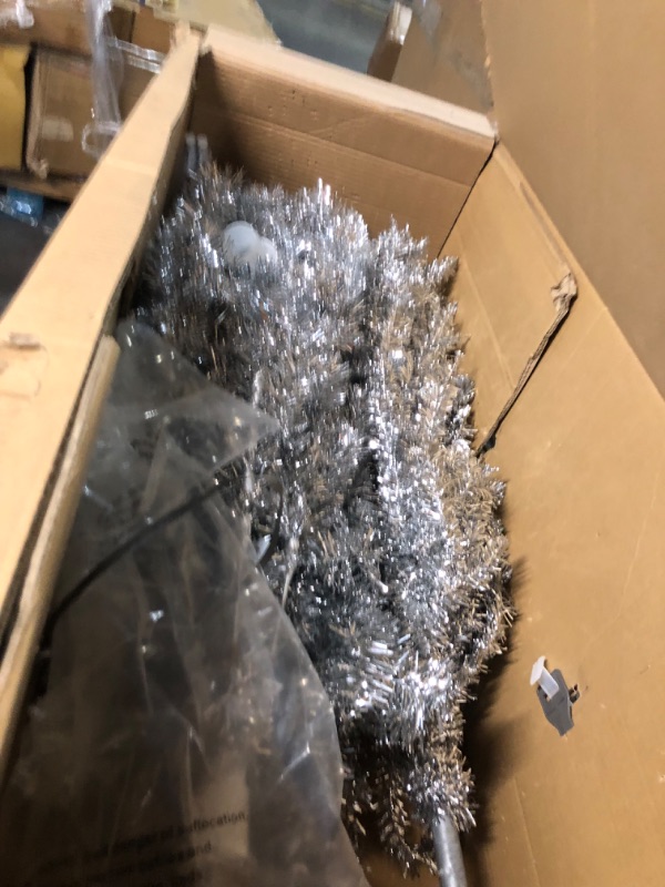 Photo 4 of *PARTS ONLY INCOMPLETE*
Wellwood 7 ft Silver Tinsel Christmas Tree with 24ct Assorted Ornament Set