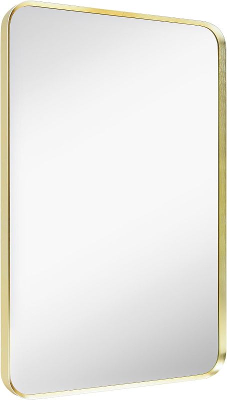 Photo 1 of *STOCK IMG AS REF*  Wall Mount Mirror for Bathroom, Brushed Gold Metal Framed Rounded Corner Rectangular Vanity Mirror (24" x 32", Gold)