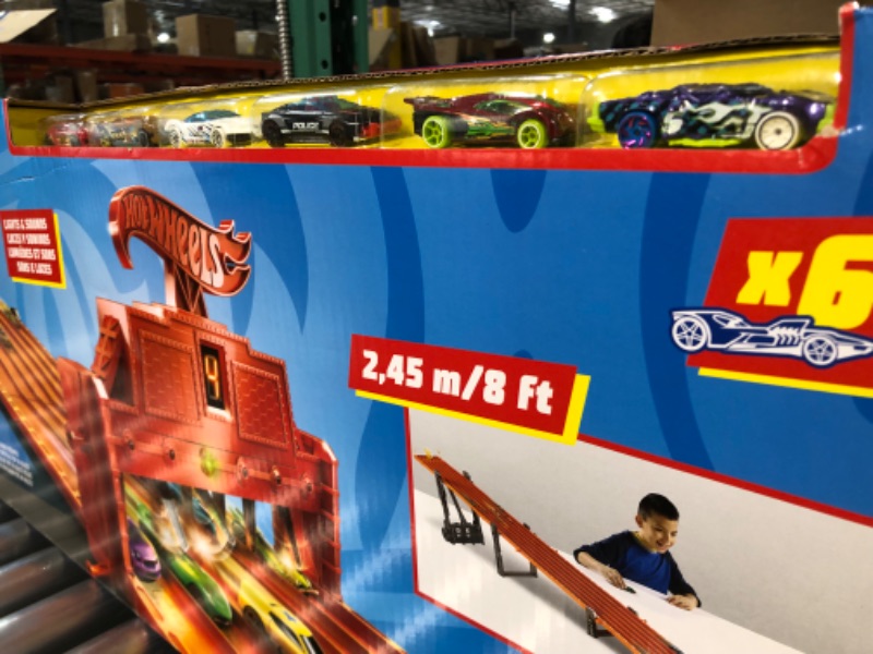 Photo 4 of ?Hot Wheels Track Set with 6 1:64 Scale Toy Cars and 6-Lane Race Track, Includes Track Storage and Lights and Sounds, Super 6-Lane Raceway ???