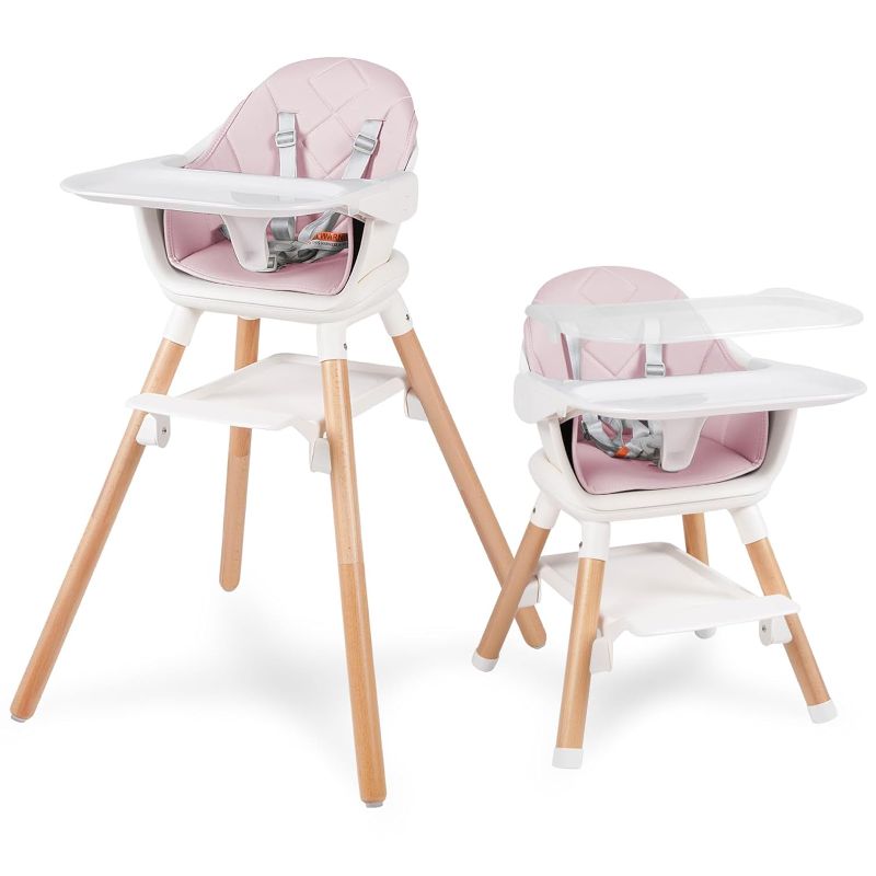 Photo 1 of 3-in-1 Wooden High Chair, Baby HighChair with Adjustable Legs & Dishwasher Safe Tray, Made of Sleek Hardwood & PU Leather , PINK
