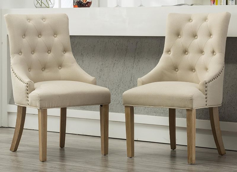 Photo 1 of *SEE NOTES* Roundhill Furniture Button Tufted Solid Wood Wingback Hostess Chairs with Nail Heads, Set of 2, Tan & Biony