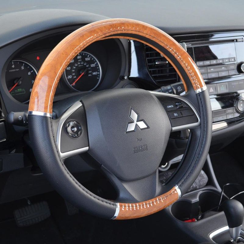 Photo 1 of BDK Light Wood Grain Car Steering Wheel Cover, Standard 15 inch with Beige Faux Leather 