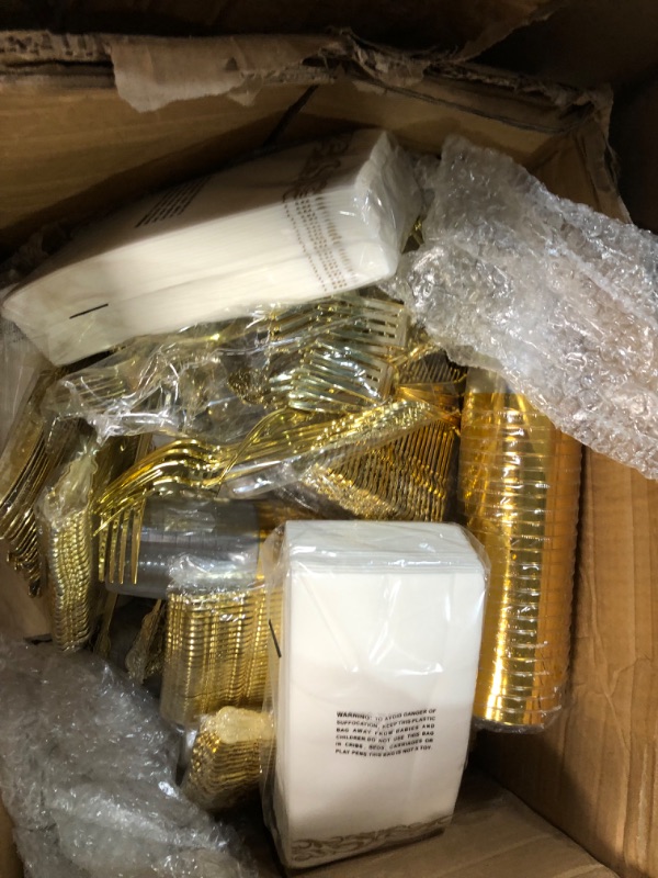 Photo 3 of **SEE NOTES**
APPROX. 700 Piece Gold Dinnerware Set for 100 Guests, Disposable for Party, Include: 100 Gold Rim Dinner Plates, 100 Dessert Plates, 100 Paper Napkins, 100 Cups, 100 Gold Plastic Silverware Set