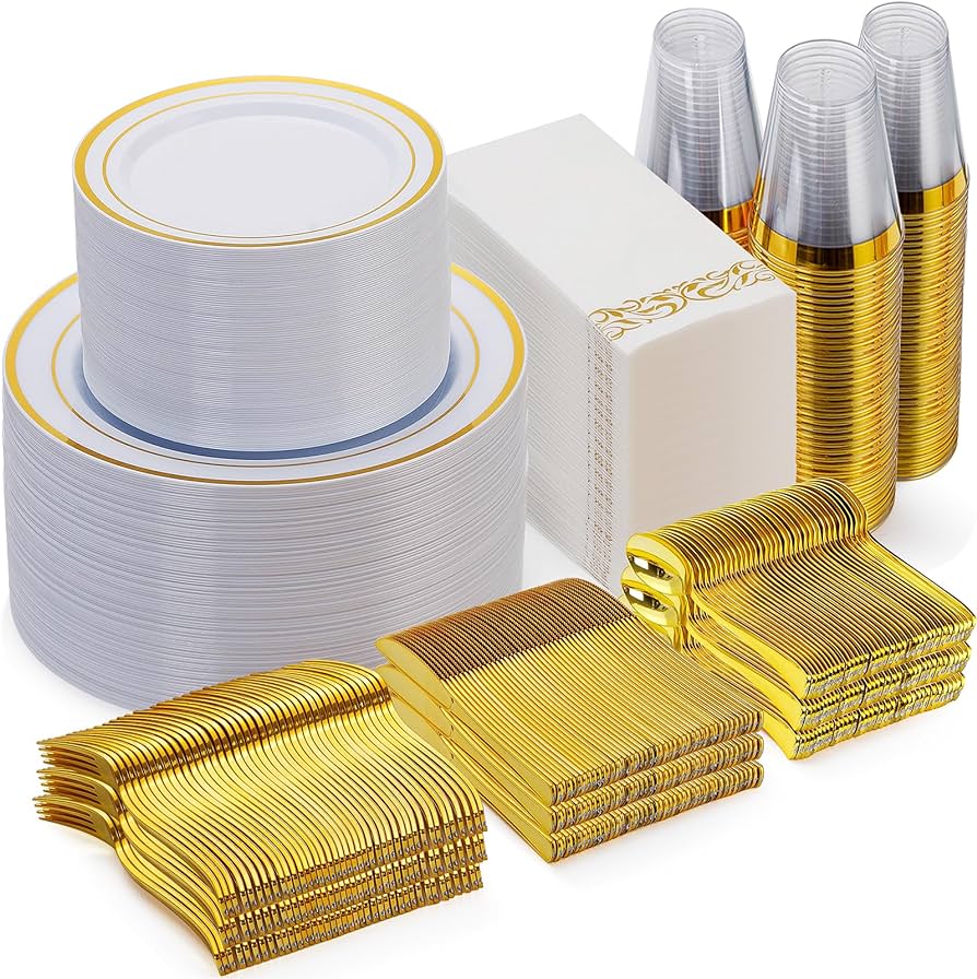 Photo 1 of **SEE NOTES**
APPROX. 700 Piece Gold Dinnerware Set for 100 Guests, Disposable for Party, Include: 100 Gold Rim Dinner Plates, 100 Dessert Plates, 100 Paper Napkins, 100 Cups, 100 Gold Plastic Silverware Set