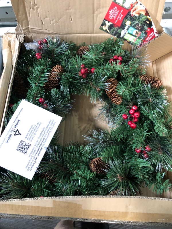 Photo 2 of National Tree Company Pre-Lit Artificial Christmas Wreath, Green, Crestwood Spruce, White Lights, Decorated with Pine Cones, Berry Clusters, Frosted Branches, Christmas Collection, 24 Inches Crestwood Spruce - 24 inch Battery Operated Wreath