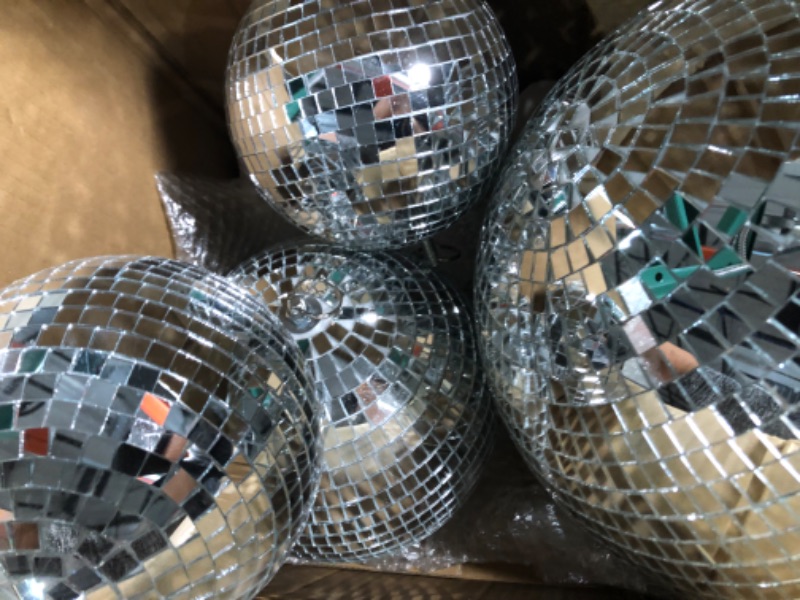 Photo 3 of 4 pack Large Disco Ball Silver Hanging Disco Balls Reflective Mirror Ball Ornament for Party Holiday Wedding Dance and Music Festivals Decor Club Stage Props (12 Inch, 8 Inch, 6 Inch, 4 Inch)