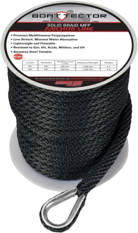 Photo 1 of *STOCK IMG AS REF* Max 3006.2057 BoatTector Solid Braid MFP Anchor Line with Thimble - 3/8" x 100', Black
