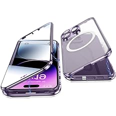 Photo 1 of Case for iPhone 14 Pro Max, Jonwelsy 360 Degree Double-sided Protection Compatible with Magsafe Magnetic Adsorption Metal Bumper Front Tempered Glass Back Frosted PC Cover for 14 Pro Max 6.7" (Purple)