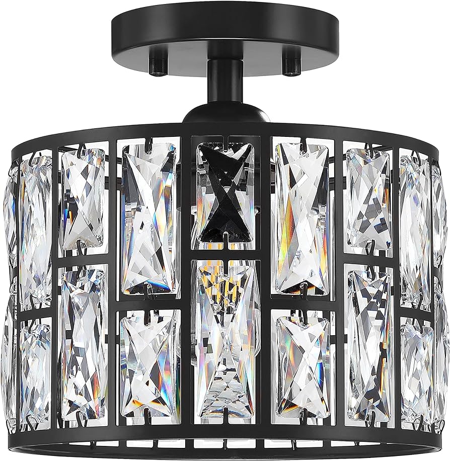 Photo 1 of 1 Light 9.3" Crystal Hanging Kitchen Island Ceiling Light Black Finish,Concise Semi Flush Mount Fixture Crystal Pendant Chandelier Shade for Bar,Dining Room,Living Room Over Sink