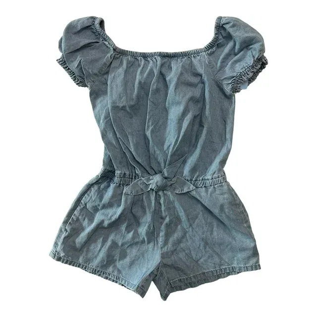 Photo 1 of GAP Girl's Soft Chambray Short Puff Sleeve One Piece Romper (Light Wash, 14/16)

