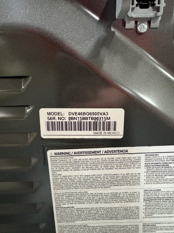 Photo 8 of ****MISSING POWER CORD UNABLE TO TEST*** Samsung 7.5-cu ft Stackable Steam Cycle Smart Electric Dryer (Brushed Black) ENERGY STAR