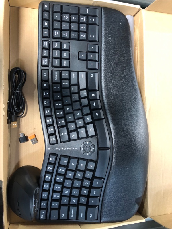 Photo 4 of MEETION Ergonomic Wireless Keyboard and Mouse, Ergo Keyboard with Vertical Mouse, Split Keyboard with Cushioned Wrist, Palm Rest, Natural Typing, Rechargeable, Full Size, Windows/Mac/Computer/Laptop