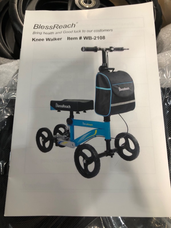 Photo 2 of BlessReach Economy Knee Scooter Steerable Knee Walker for Foot Injuries Compact Crutches with Dual Rear on-Wheel Brake and Shock Absorption Under The Knee pad Wb-2202 Blue