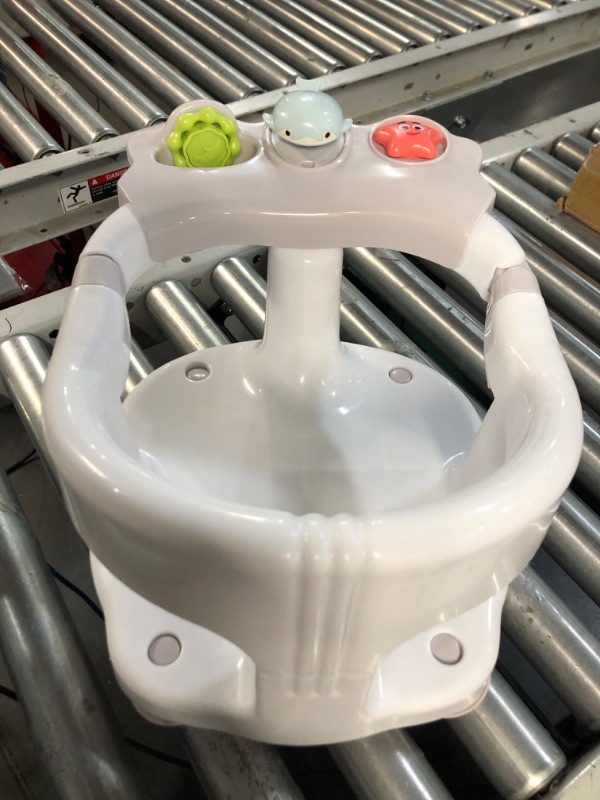 Photo 3 of Baby Bath Seat - 2 Rotating Toys + 1 Pressing Toy - Ergonomic Backrest - Side Opening Design - 4 Powerful Non-Slip Suction Cups - Ideal Gift for Infant 6-36 Months (A-White)