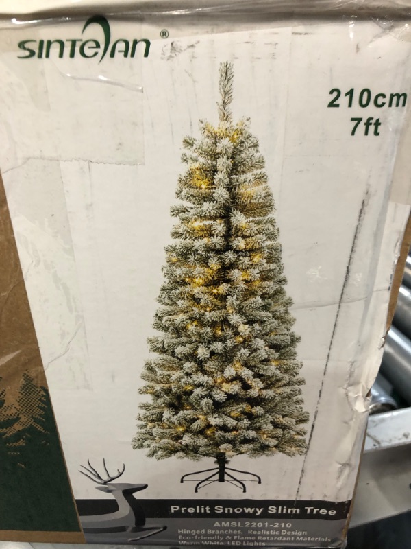 Photo 5 of **USED BUT APPEARS NEW**  SINTEAN 7Ft Flocked Christmas Tree Prelit, Slim Flocked Christmas Tree W/ 747 Hinged Tips, 210 Led Lights, Metal Stand, Snowy Christmas Tree for Holiday Decoration