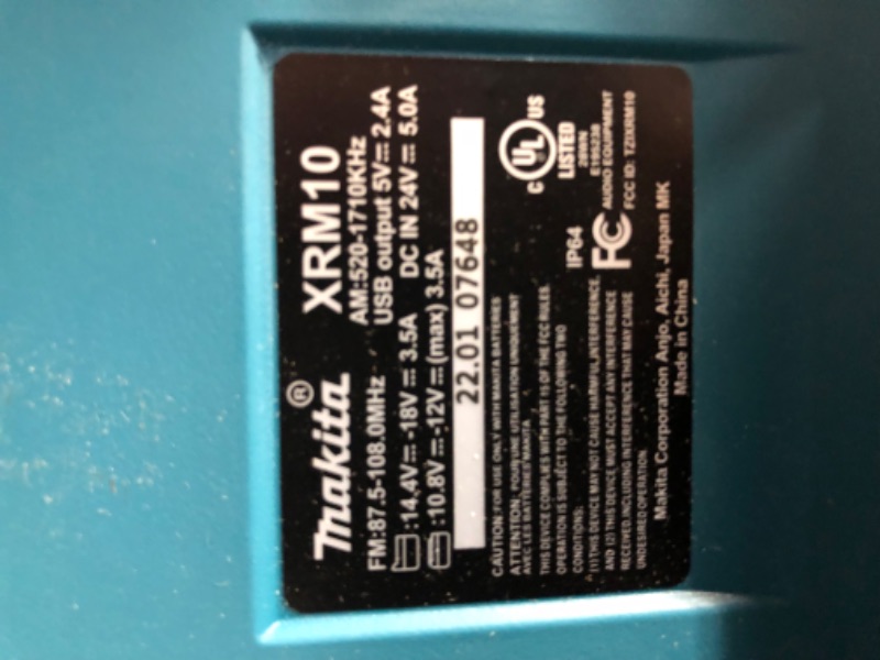 Photo 6 of **NO POWER ADAPTER** Makita XRM10 18V LXT® / 12V max CXT® Lithium-Ion Cordless Bluetooth® Job Site Charger/Radio, Tool Only Teal