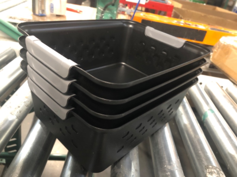 Photo 2 of (4x) IRIS USA OSB Plastic Storage Shelf Basket/Pantry Bins-Household Organizers with Handles, Small, Black