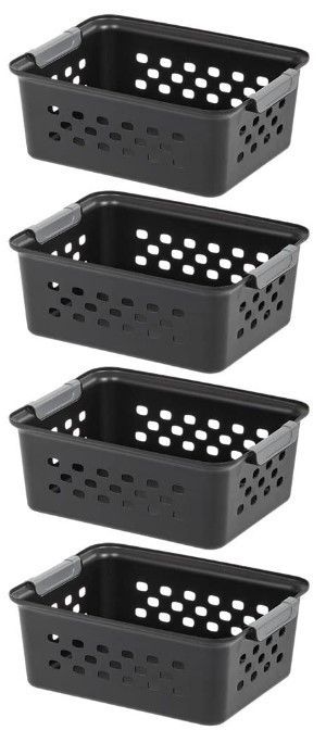 Photo 1 of (4x) IRIS USA OSB Plastic Storage Shelf Basket/Pantry Bins-Household Organizers with Handles, Small, Black