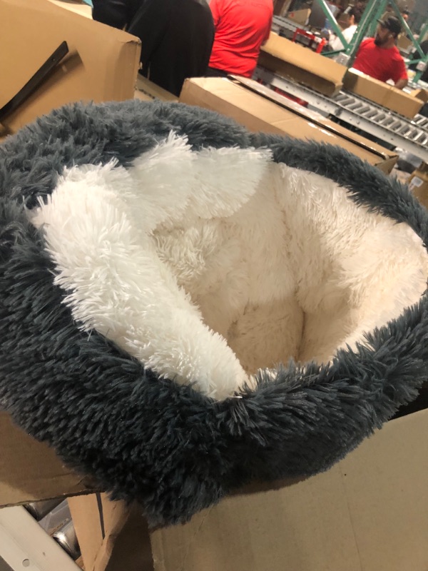 Photo 3 of NOYAL Dog Bed Round Hooded Plush Cat Cave Donut Anti Anxiety Fluffy Dog Bed for Small Medium Dog and Cat X-Small 15.7'' Dark grey