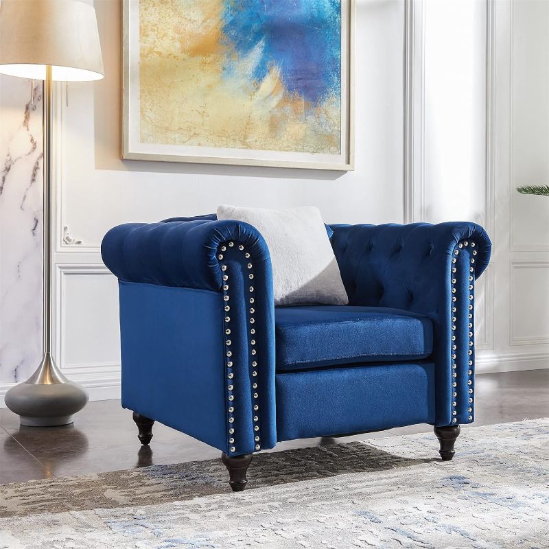 Photo 1 of HABITRIO Sofa Chair for Living Room Wood Frame Blue Velvet Upholstered Single Seating Couch with Button 