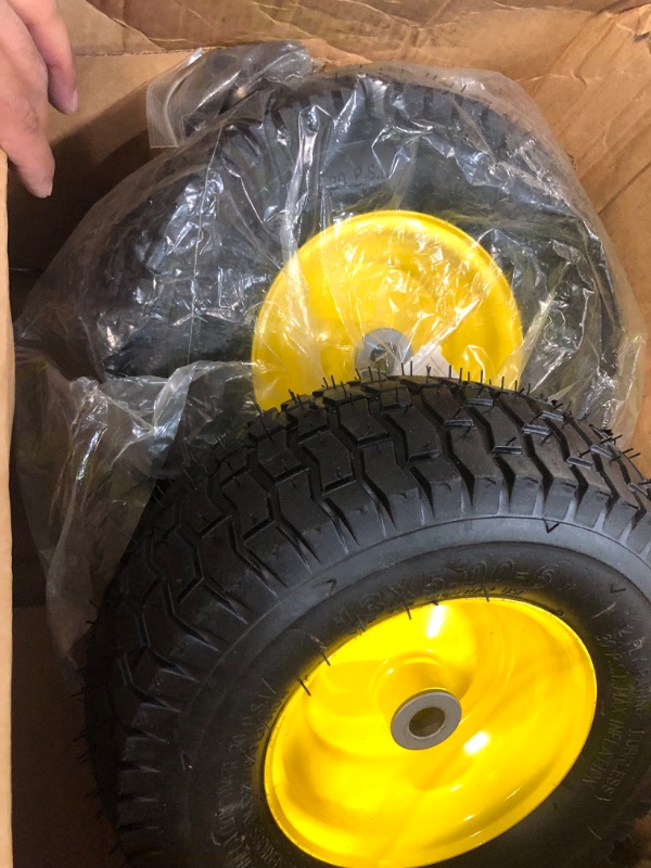 Photo 5 of (2 Pack) AR-PRO Exact Replacement 15" x 6.00 - 6" Front Tire and Wheel Assemblies for John Deere Riding Mowers - Compatible with John Deere 100 and D100 Series - 3” Hub Offset and 3/4” Bushings 15" x 6.00-6" Yellow