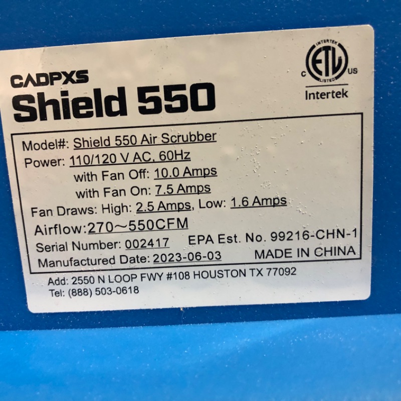 Photo 6 of CADPXS Shield-550 Negative Machine Airbourne Cleaner HEPA Scrubber Water Damage Restoration Equipment Air Purifier, Air Scrubbers 550 air scrubbers Blue