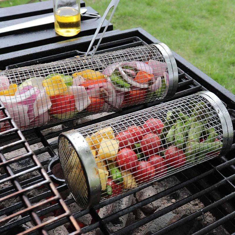 Photo 1 of 1PC CAKEASY BBQ Net Cylinder, Rolling Grilling Basket, Stainless Steel Wire Mesh Cylinder Grill Basket, Portable Outdoor Camping Barbecue Rack for Vegetables, Round Grill Cooking Accessories, 1Pc
