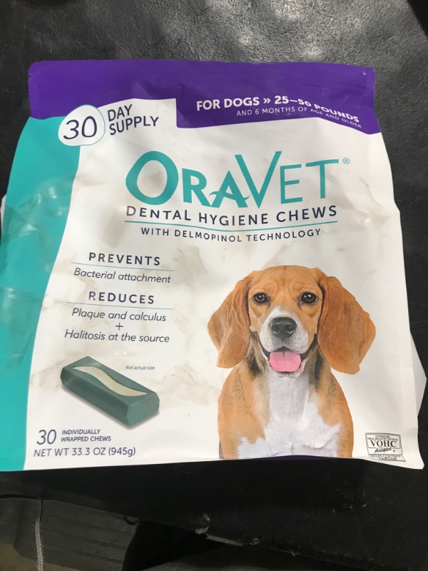 Photo 2 of ORAVET Dental Chews for Dogs, Oral Care and Hygiene Chews (Medium Dogs, 25-50 lbs.) Purple Pouch, 30 Count 30 Count (Pack of 1)