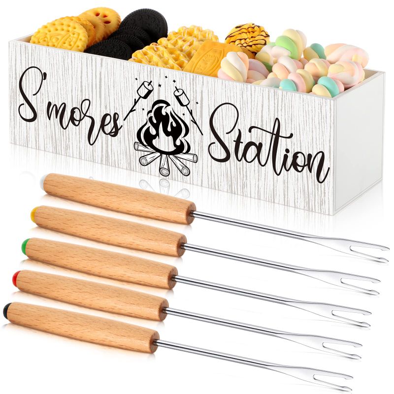 Photo 1 of S'mores Station Box Wooden S'mores Bar Holder Smores Kit Smores Box and 5 Pieces Marshmallow Roasting Sticks Stainless Steel Smores Stick Farmhouse Table Decor for Camping Outdoor BBQ Housewarming