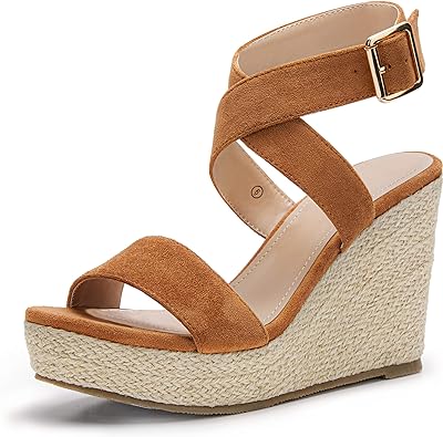 Photo 1 of Coutgo Women's Wedge Sandals Cross Strap Espadrille Platform Ankle Buckle Summer Casual Shoes 5 Black