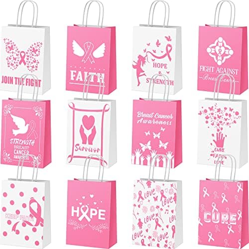 Photo 1 of 36 Pack Breast Cancer Awareness Pink Gift Bags Breast Cancer Paper Goodie Bags Ribbon Pink Party Favor Bags Breast Cancer Decorations for Party Pink Treat Bags, 12 Designs