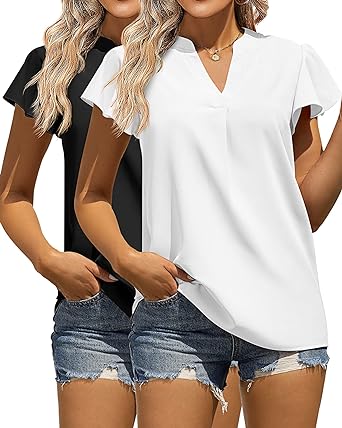 Photo 1 of 2 Pack Women's Tops Dressy Casual, Summer Ruffle Short Sleeve Top V Neck Tunic Top Blouses Loose Fitted T Shirt